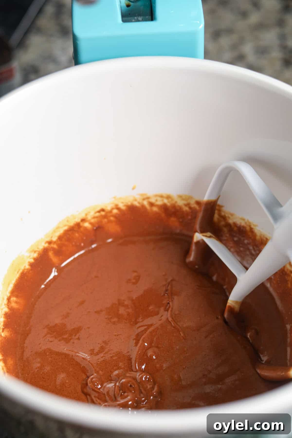 Eggs, sugar, and melted chocolate mixed together in a stand mixer bowl for making peppermint bark cookies.