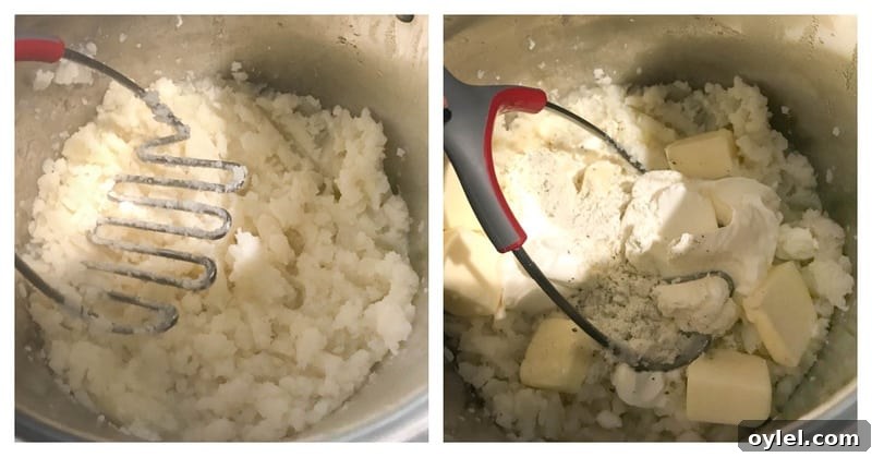 potatoes being mashed in a pot