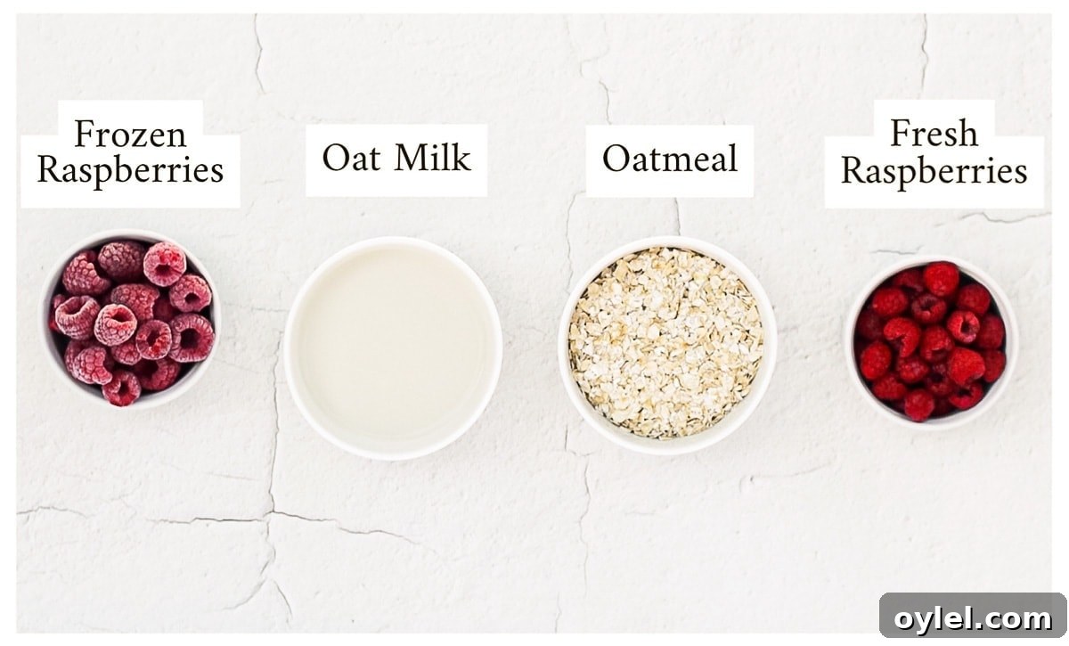 A picture with 4 small white bowls containing ingredients, one with frozen raspberries, one with oat milk, one with oatmeal, and one with fresh raspberries.