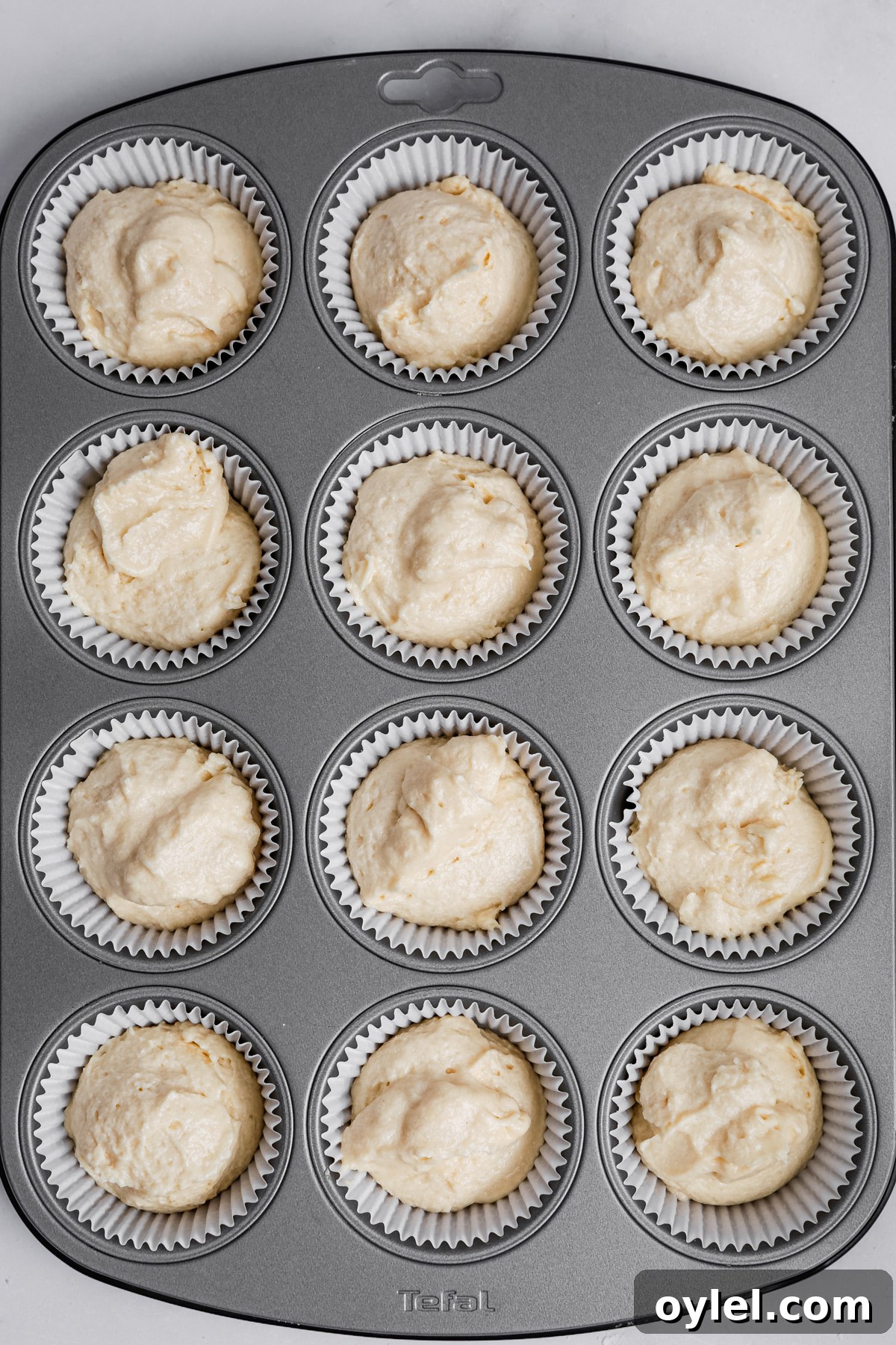 cupcake pan lined with paper liners filled with vanilla cupcake batter before baking