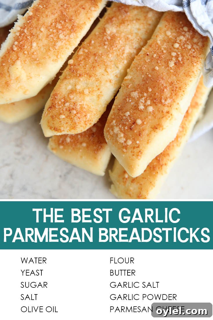 Garlic Parmesan Breadsticks: Soft, Cheesy Homemade Recipe 7 Pinterest picture with the text of the title separating the photo of breadsticks and the list of ingredients.