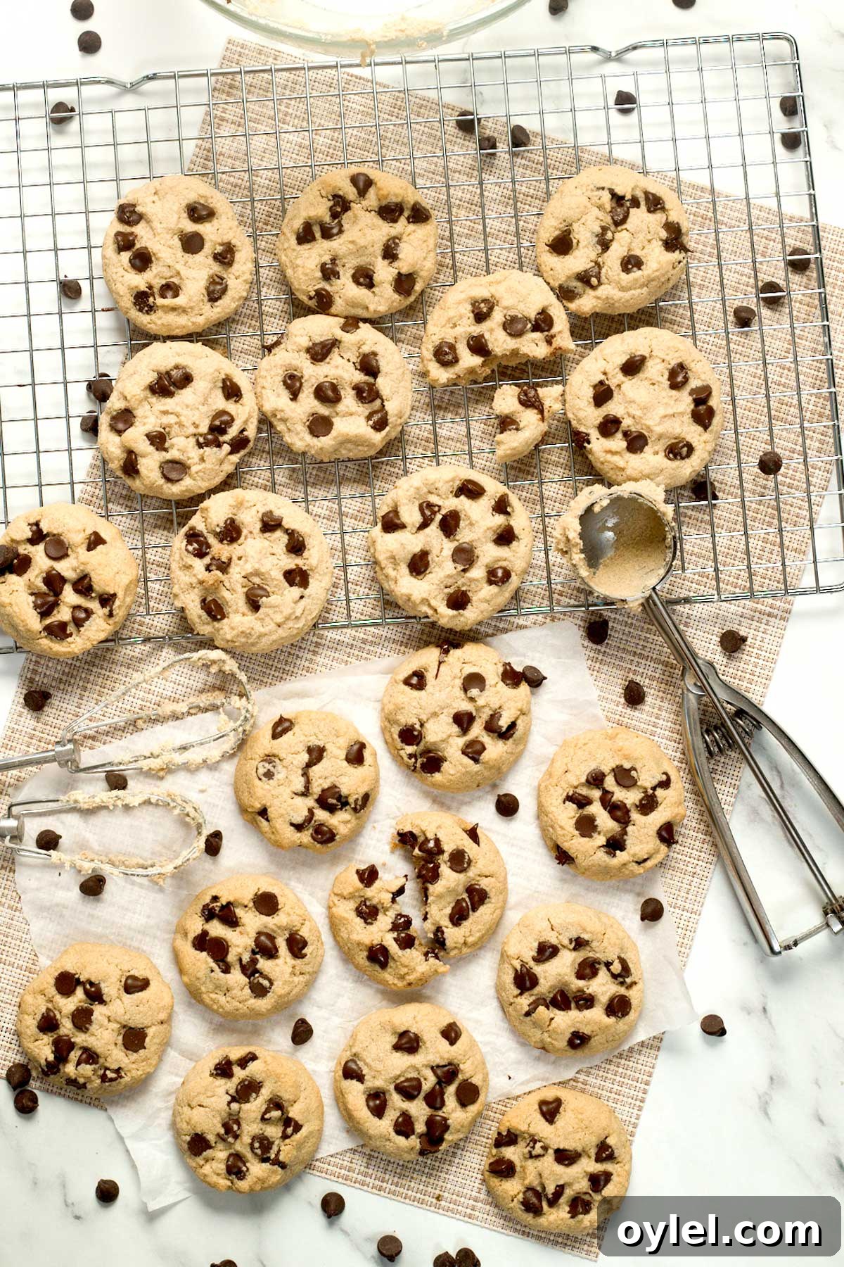 Gluten Free Cassava Flour Chocolate Chip Cookies Recipe 3 Chocolate chip cassava flour cookies on a parchment paper.