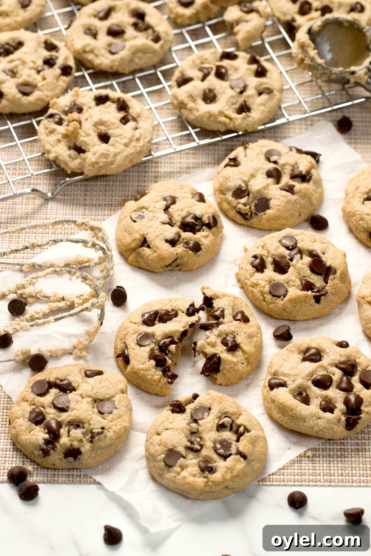 Gluten Free Cassava Flour Chocolate Chip Cookies Recipe 8 Chocolate chip cassava flour cookies on a parchment paper.