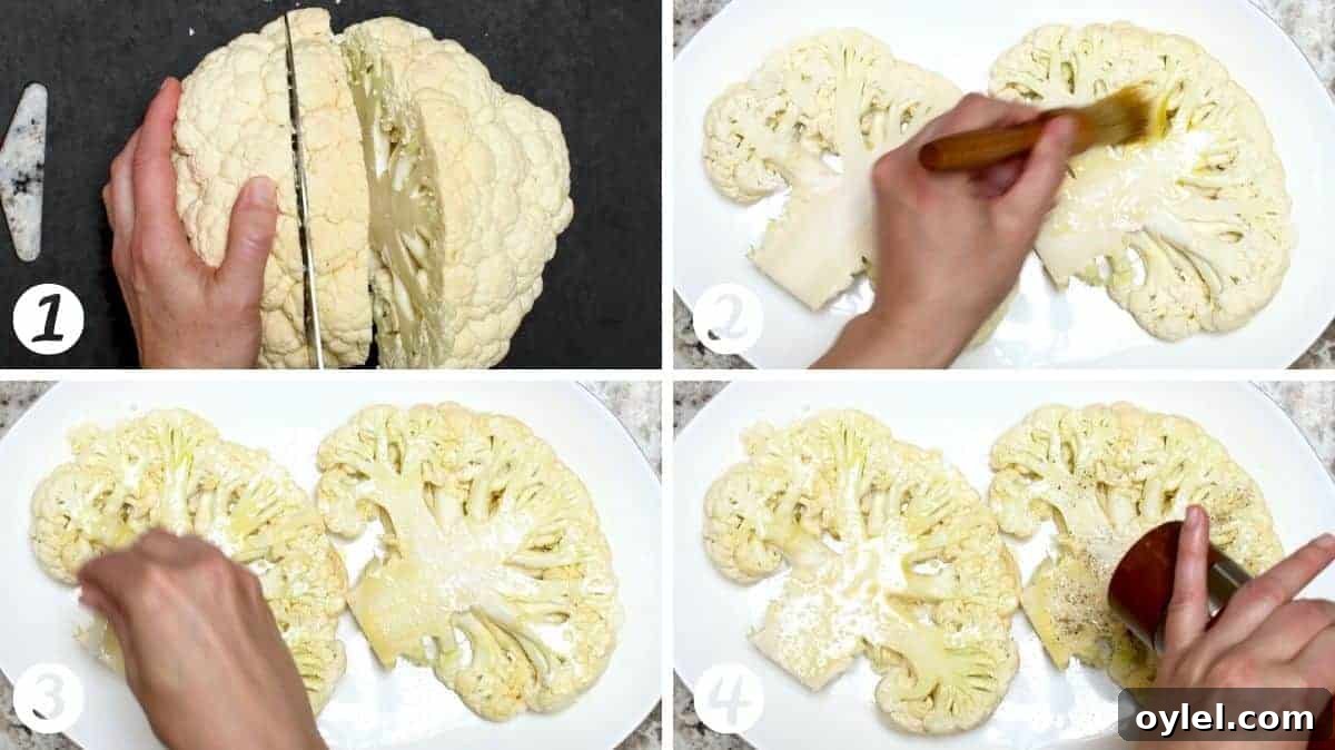 cutting and seasoning cauliflower steaks