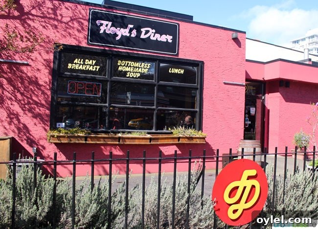 bright pink exterior of Floyd's Diner in Victoria British Columbia, Canada.