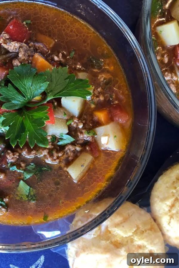 bowl of hearty beef and vegetable soup