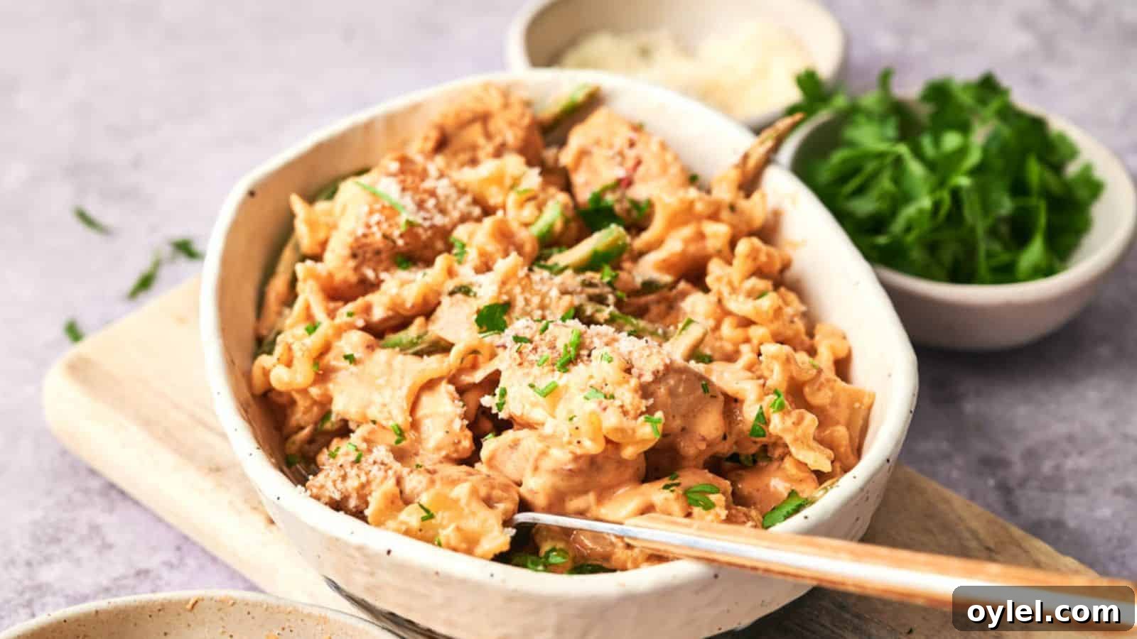 35 Chicken Breast Recipes to Simplify Weeknight Dinners 12 A bowl of creamy chicken pasta garnished with herbs, served with a side of rice and a small bowl of fresh parsley.