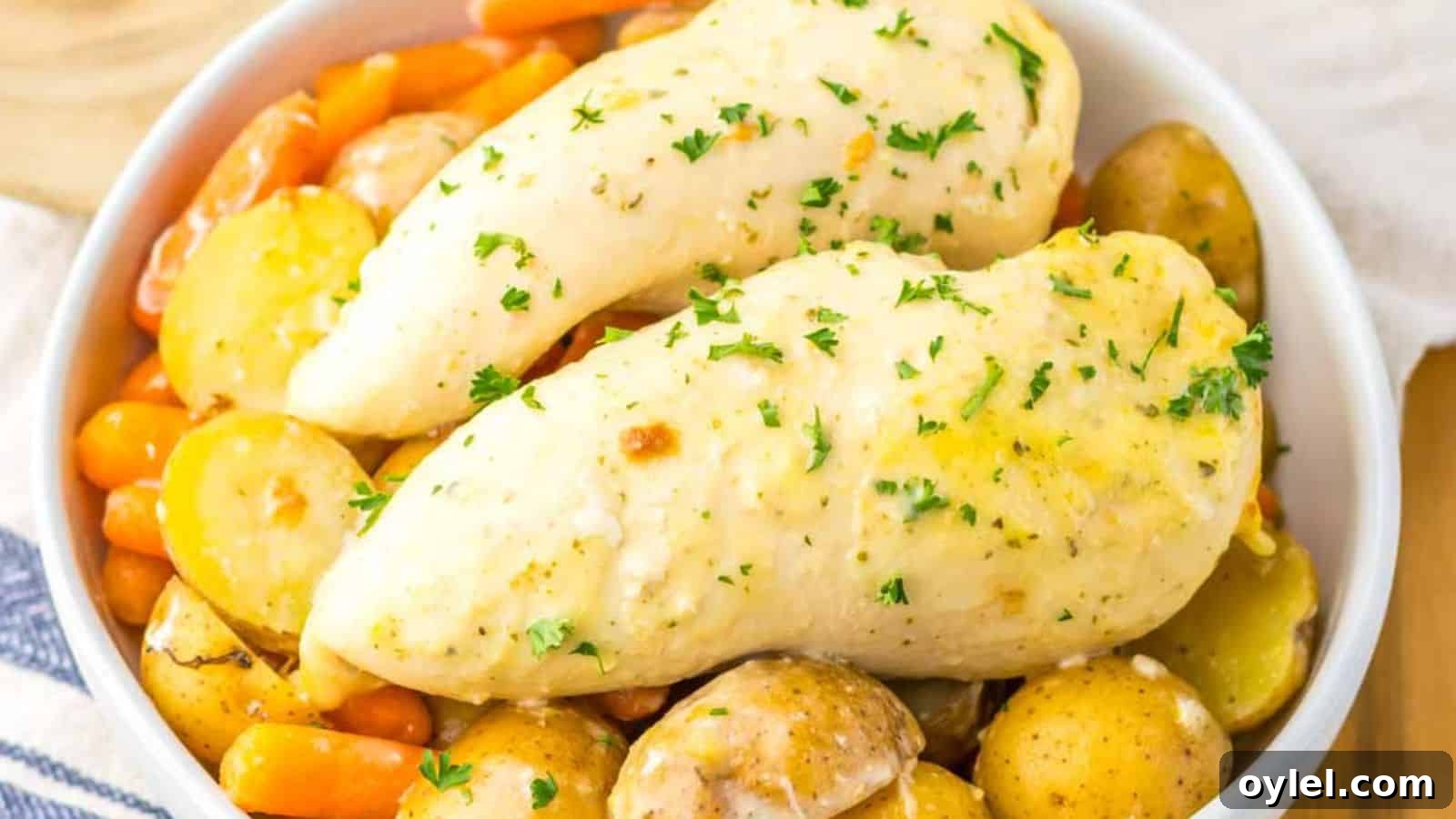 35 Chicken Breast Recipes to Simplify Weeknight Dinners 14 A dish of seasoned chicken breasts garnished with parsley, surrounded by carrots and potatoes in a bowl.