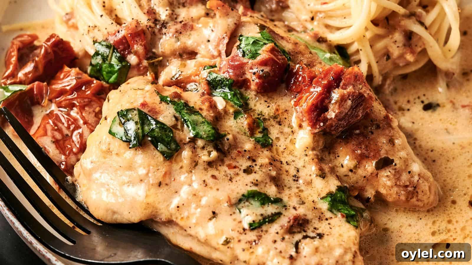 35 Chicken Breast Recipes to Simplify Weeknight Dinners 17 Creamy chicken dish with sun-dried tomatoes, spinach, and black pepper, served with spaghetti on a plate, with a fork on the side.