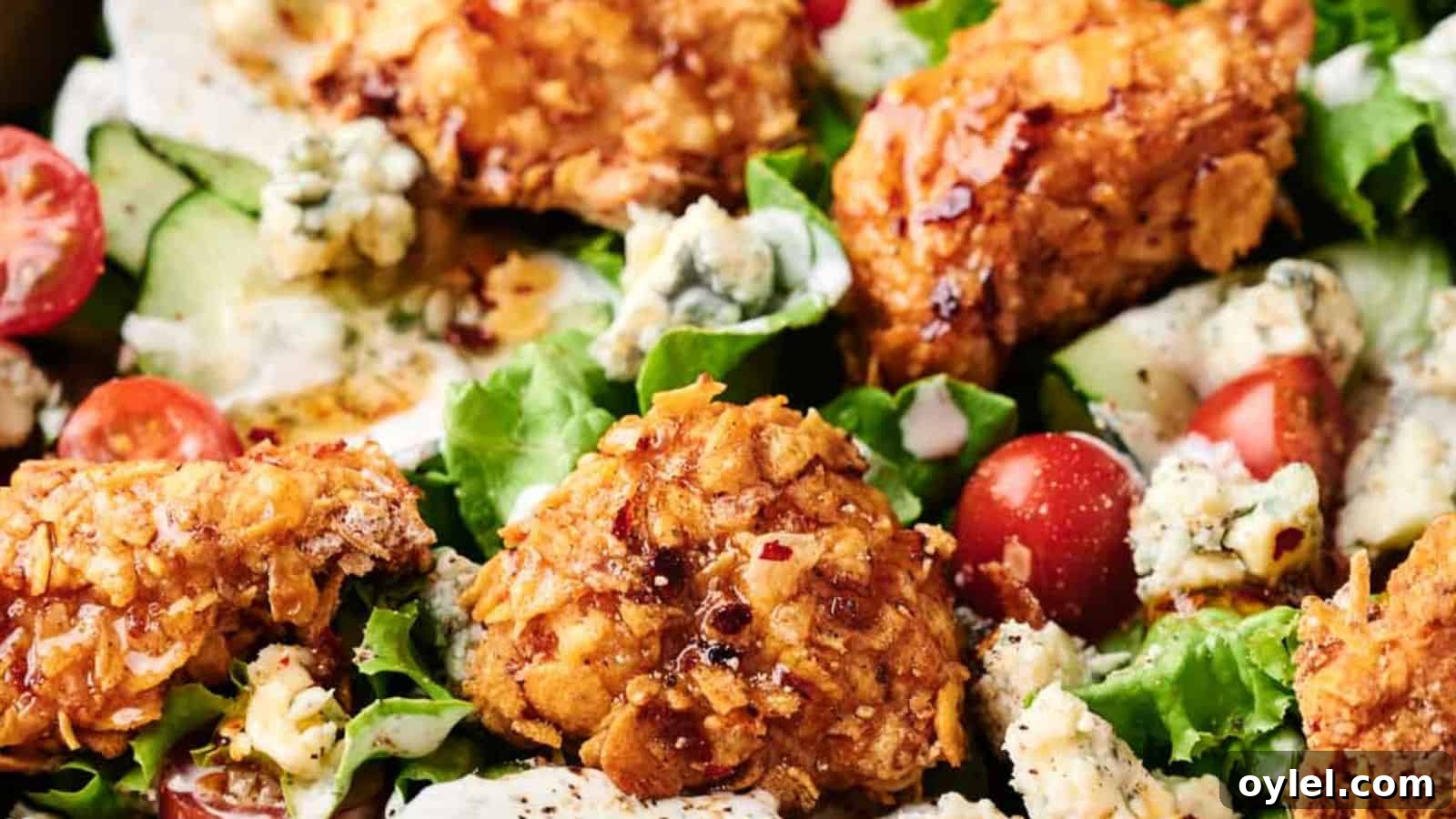 35 Chicken Breast Recipes to Simplify Weeknight Dinners 29 A honey hot chicken salad with succulent fried chicken pieces, cherry tomatoes, blue cheese crumbles, cucumber slices, and mixed greens, all topped with a creamy dressing.