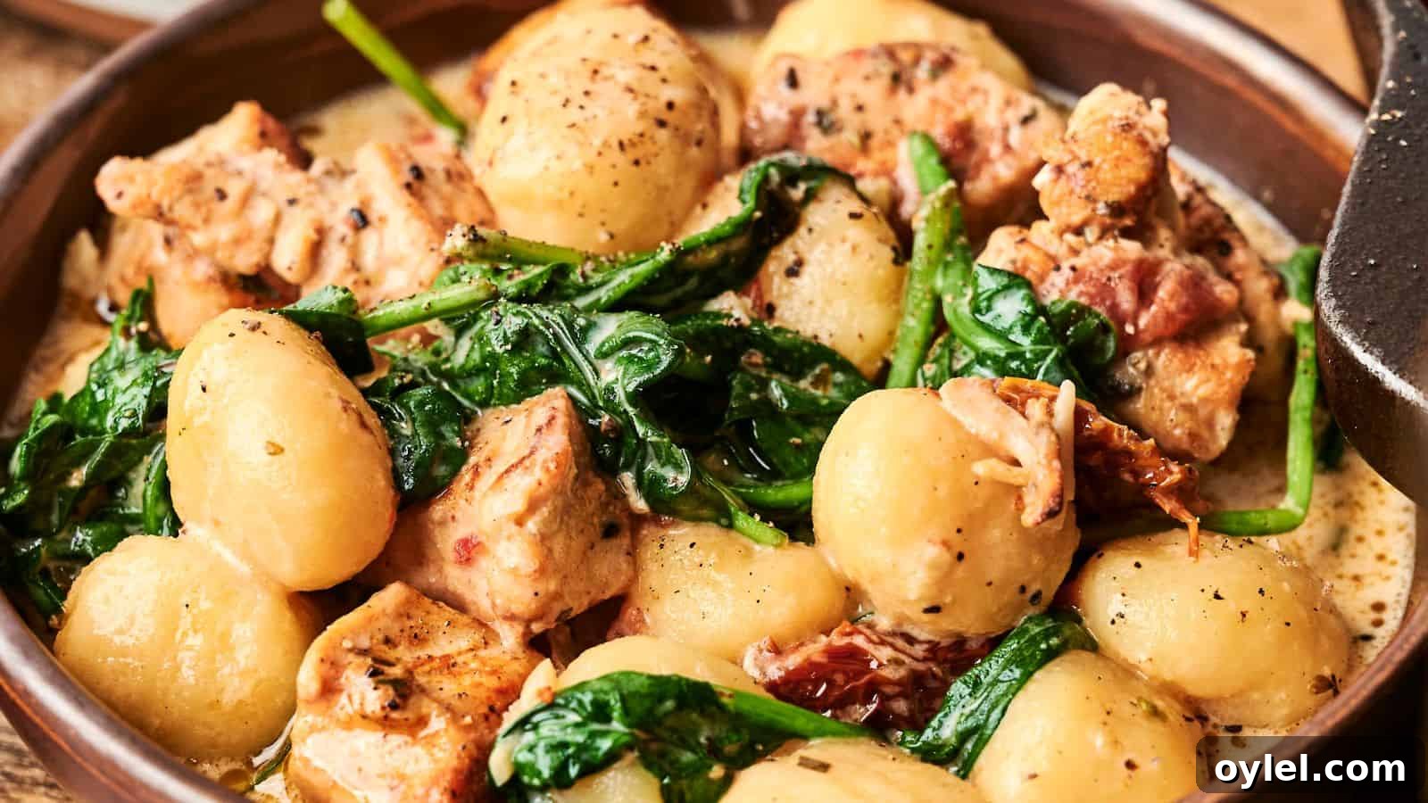 35 Chicken Breast Recipes to Simplify Weeknight Dinners 4 A bowl of gnocchi with pieces of chicken, wilted spinach, and a creamy sauce, garnished with black pepper.