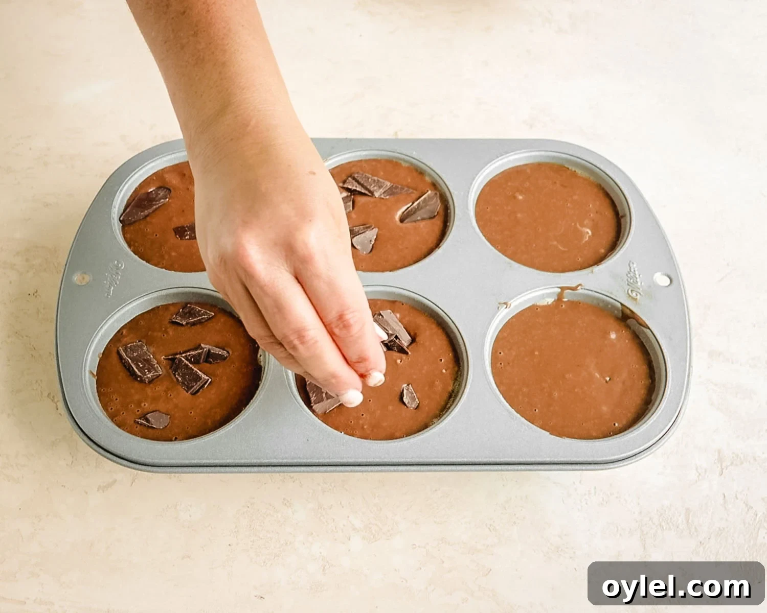 Sprinkle tops of muffin batter with remaining chocolate.