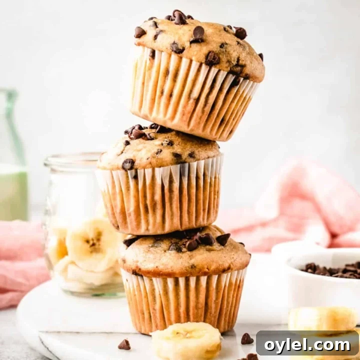 Stacked banana muffins with chocolate chips.