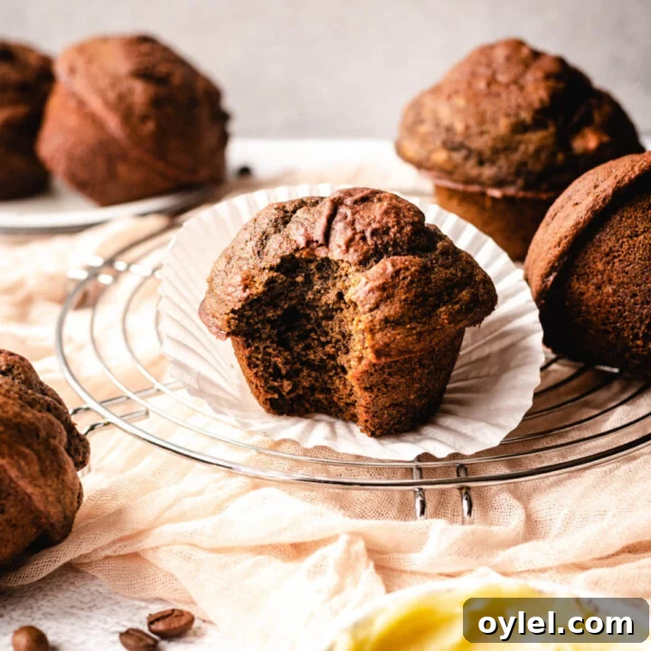 Large coffee muffin with a big bite taken out of it sitting on top of a paper muffin liner.