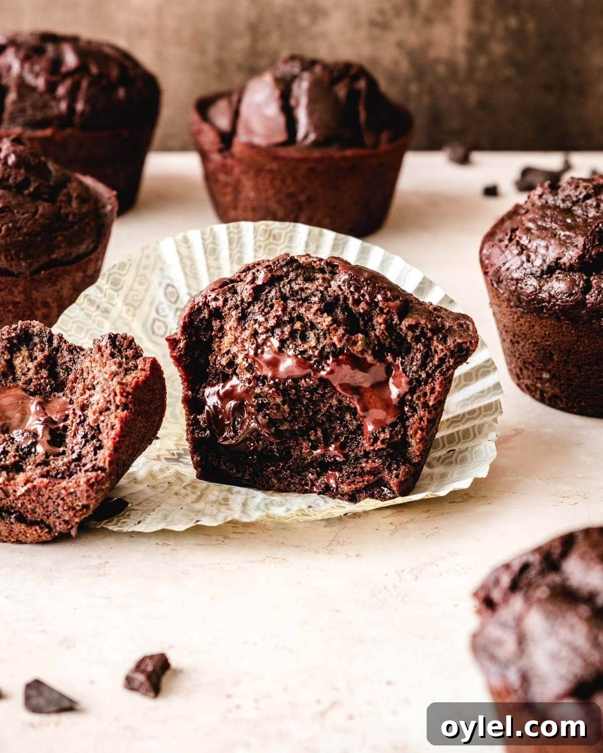 Jumbo chocolate muffin cut in half with melty chocolate chips.