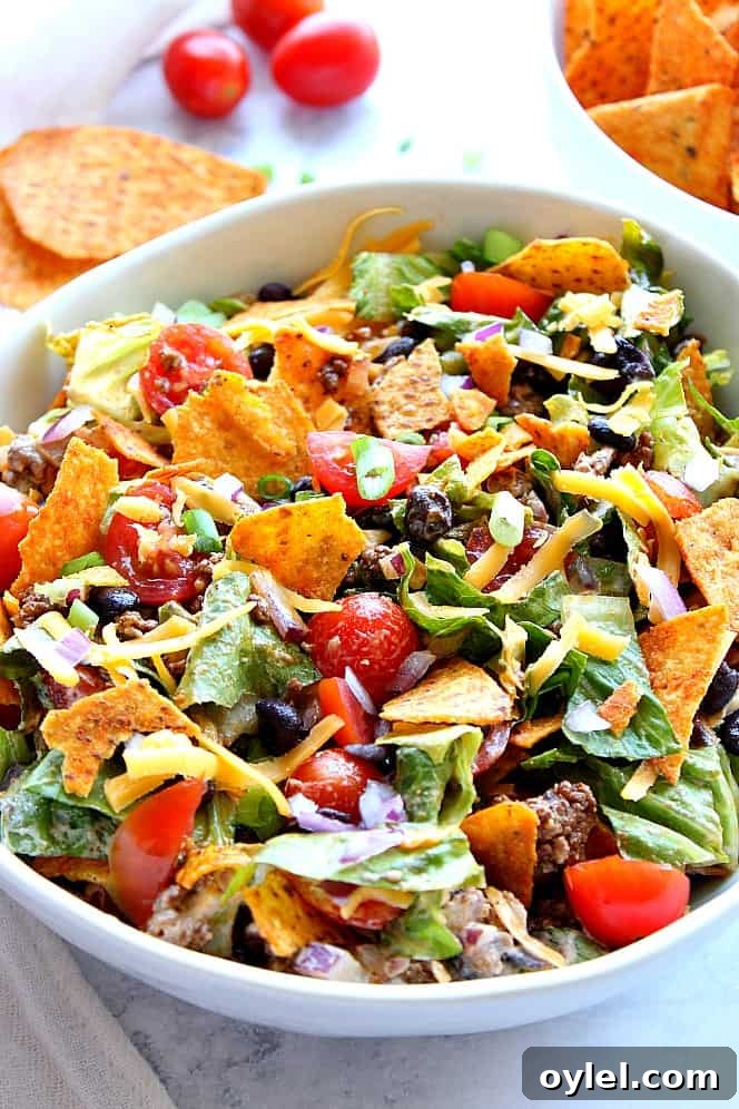 Dorito Taco Salad Recipe - chopped lettuce, tomatoes, seasoned meat, black beans, onions, zesty dressing and crunchy tortilla chips is everything you love about tacos in one tasty salad! Side shot of Dorito taco salad with cheese tortilla chips, in white bowl.