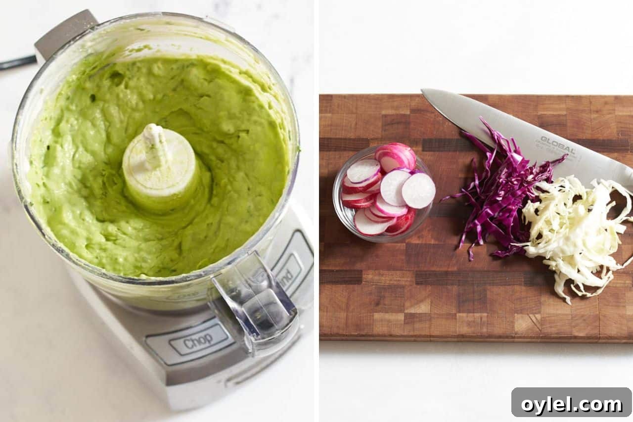 Crispy Mexican Shrimp Tostadas with Avocado Crema 5 Two photos side by side, on the left is a food processor with avocado crema, on the right is sliced radishes and cabbage on a cutting board with a knife.