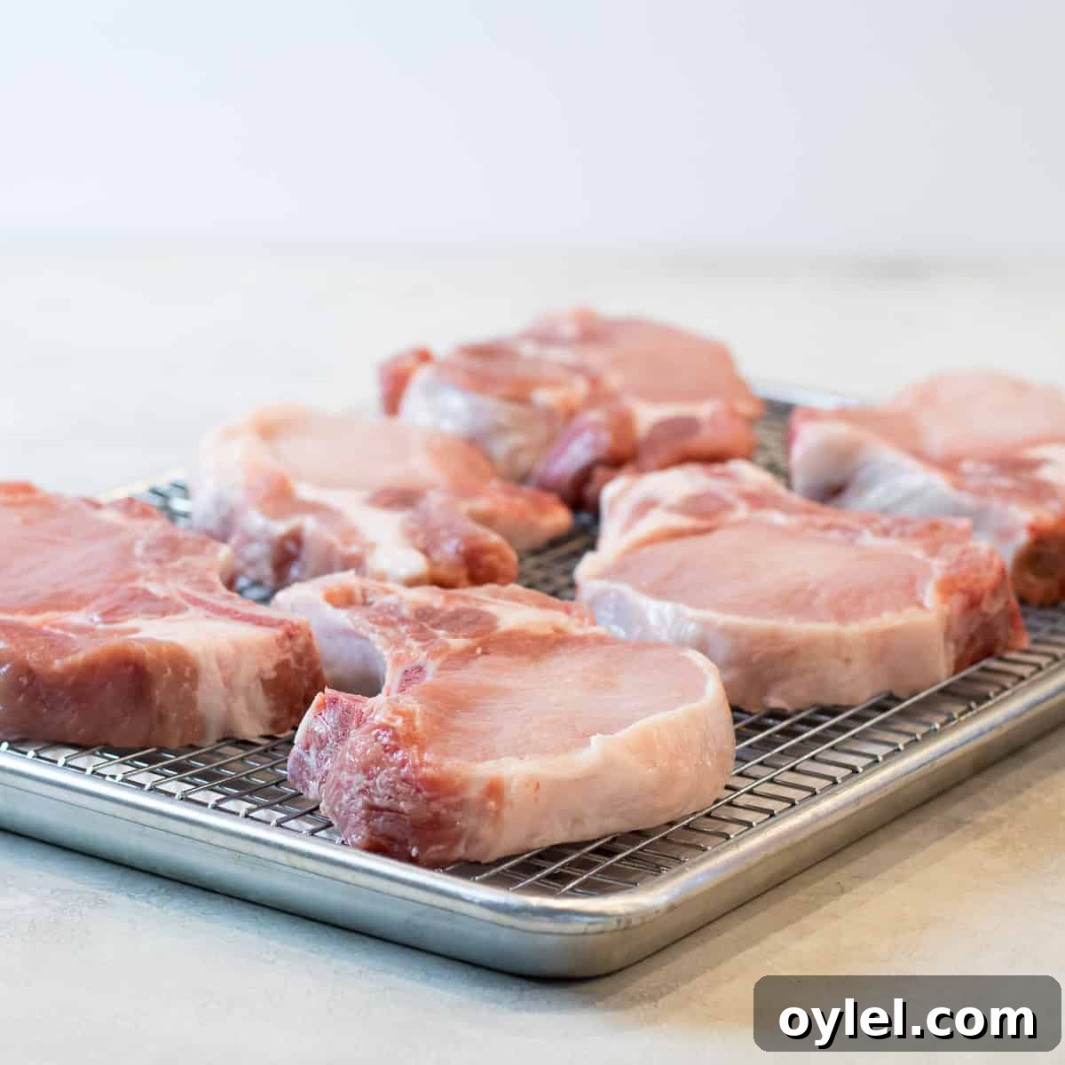 A baking sheet with rack and bone-in chops.