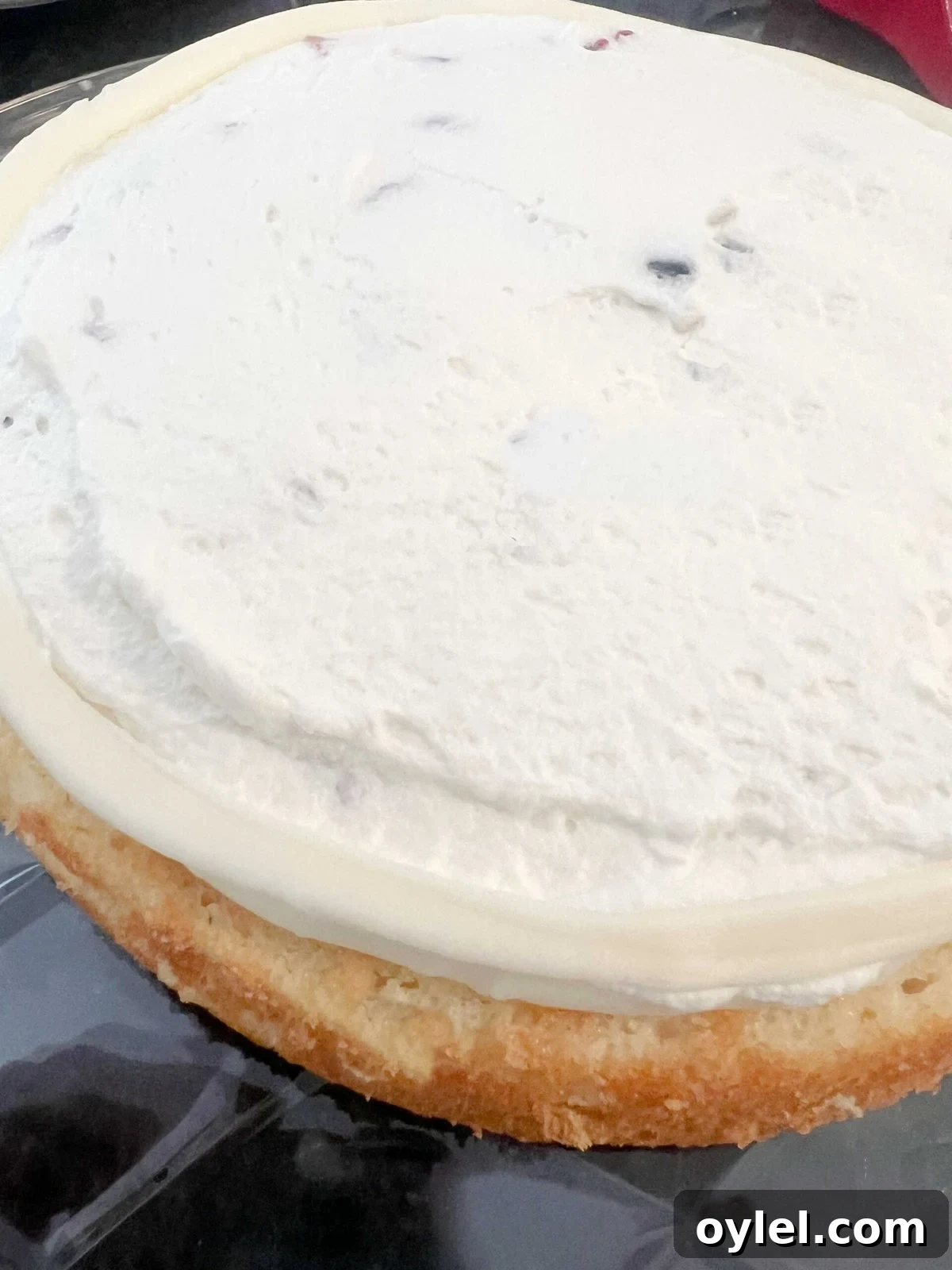 Spread whipped cream over the berries on the cake layer.
