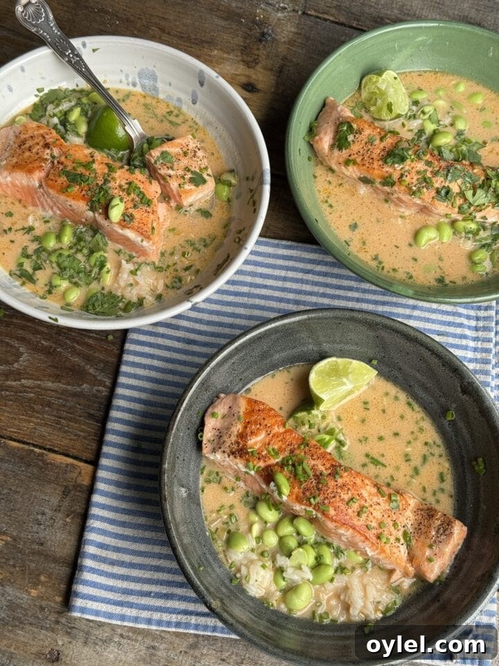 Coconut Curry Salmon in Creamy Fragrant Broth 2 three bowls of salmon with coconut curry broth
