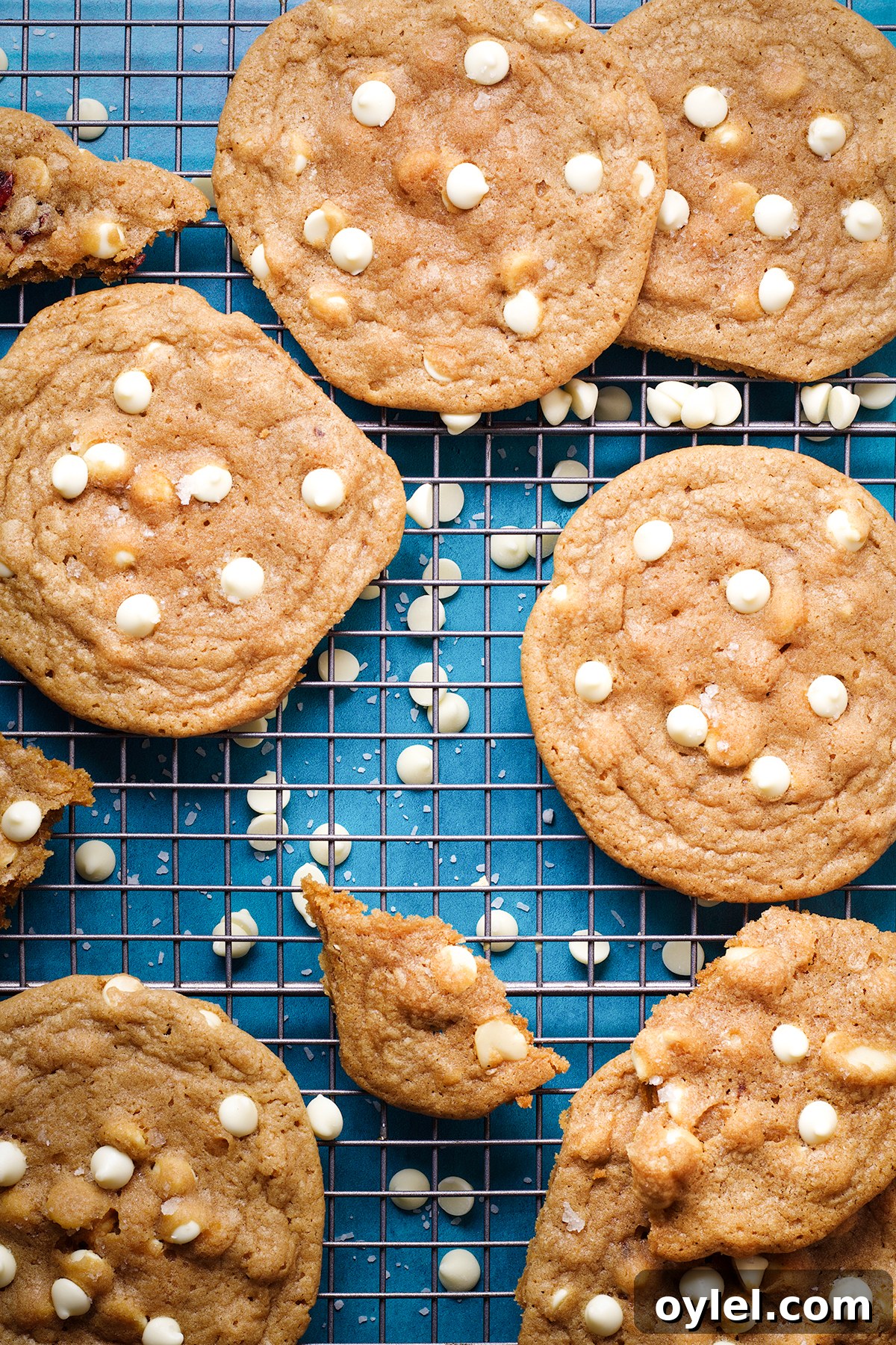 White chocolate chip cookies, some whole and some broken, scattered across a wire baking rack.