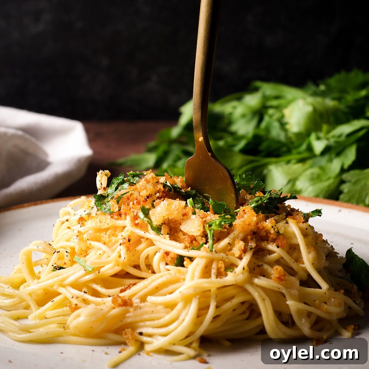 A plate of spaghetti with brown butter sauce.