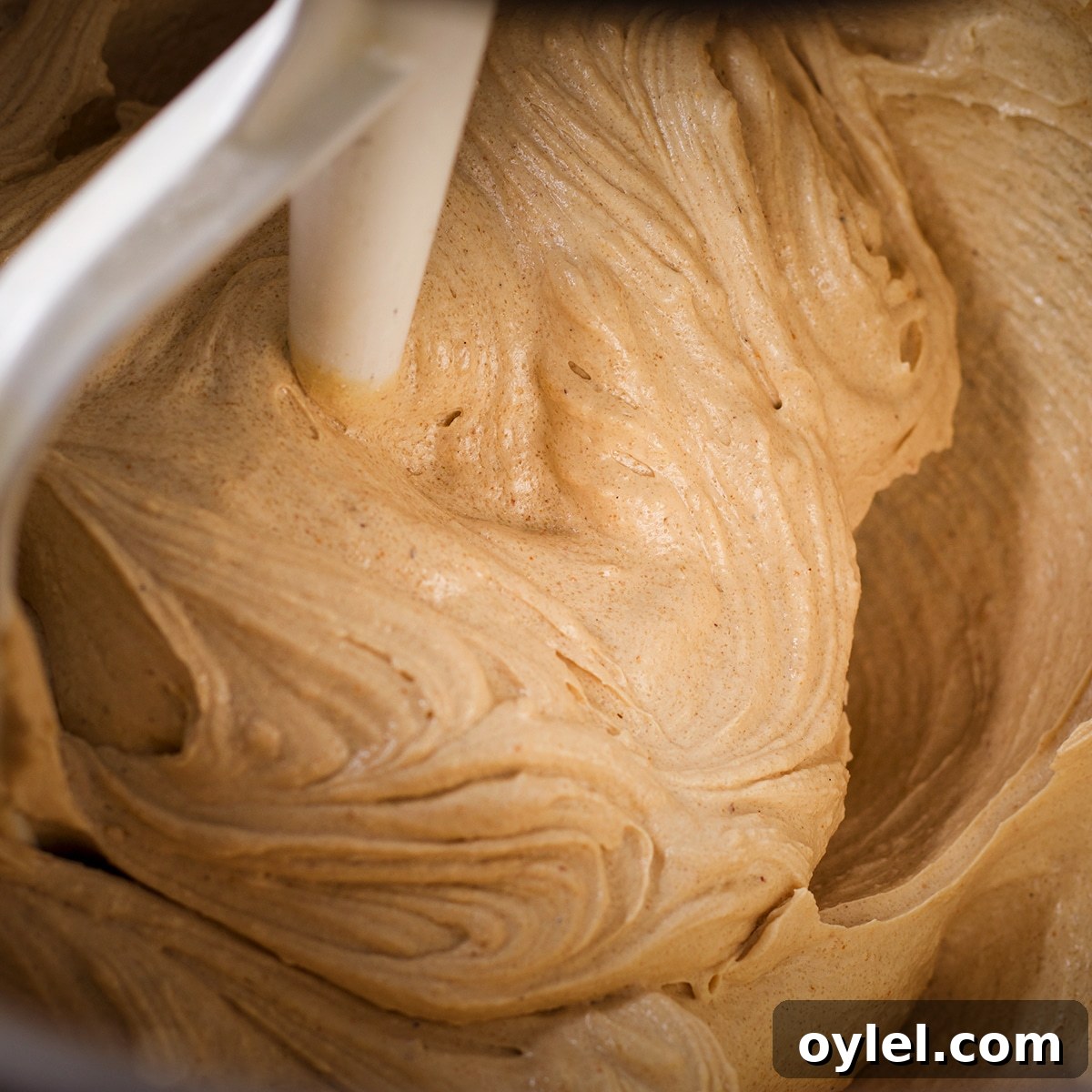 A stand mixer fitted with the paddle attachment mixing cookie dough.