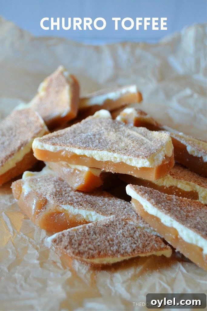 a stacked arrangement of churro toffee on brown parchment paper