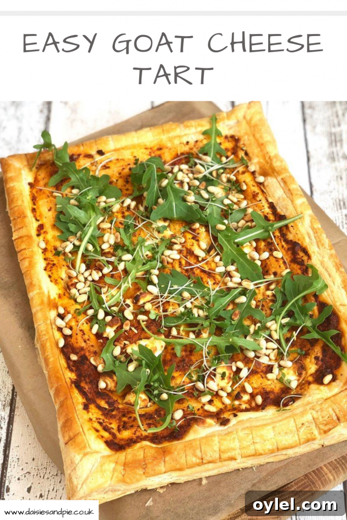 goats cheese tart topped with rocket and pine nuts. Text overlay "easy goat cheese tart" 