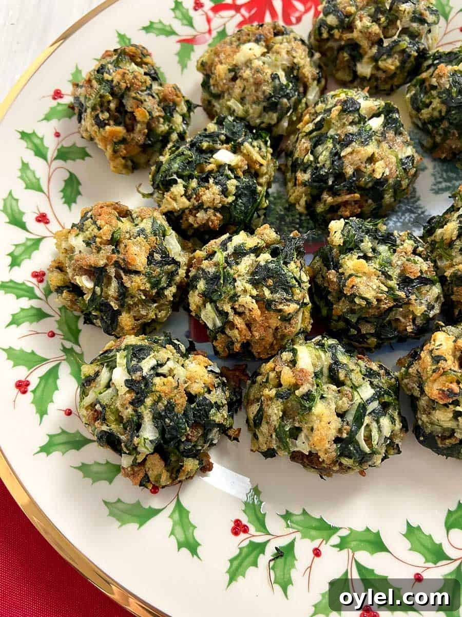 Spinach balls on decorative Christmas plate.