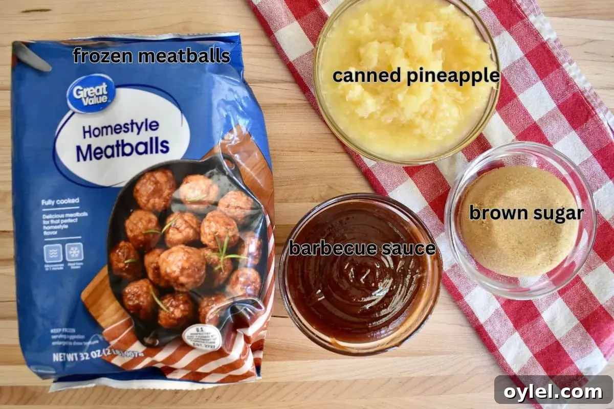 4-Ingredient Slow Cooker Hawaiian Meatballs 4 Ingredients include pineapple, barbecue sauce, and brown sugar.