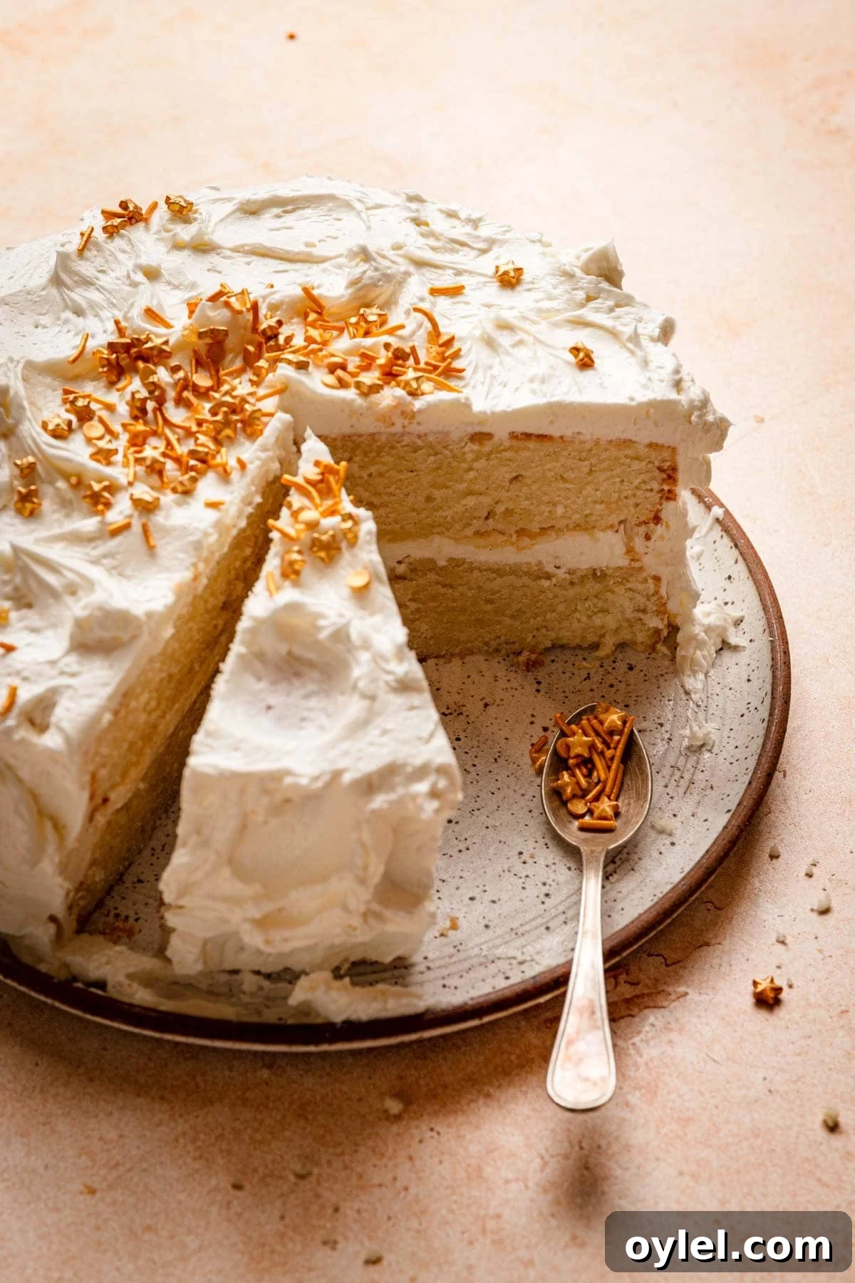 Vanilla bean cake topped with buttercream and gold sprinkles.