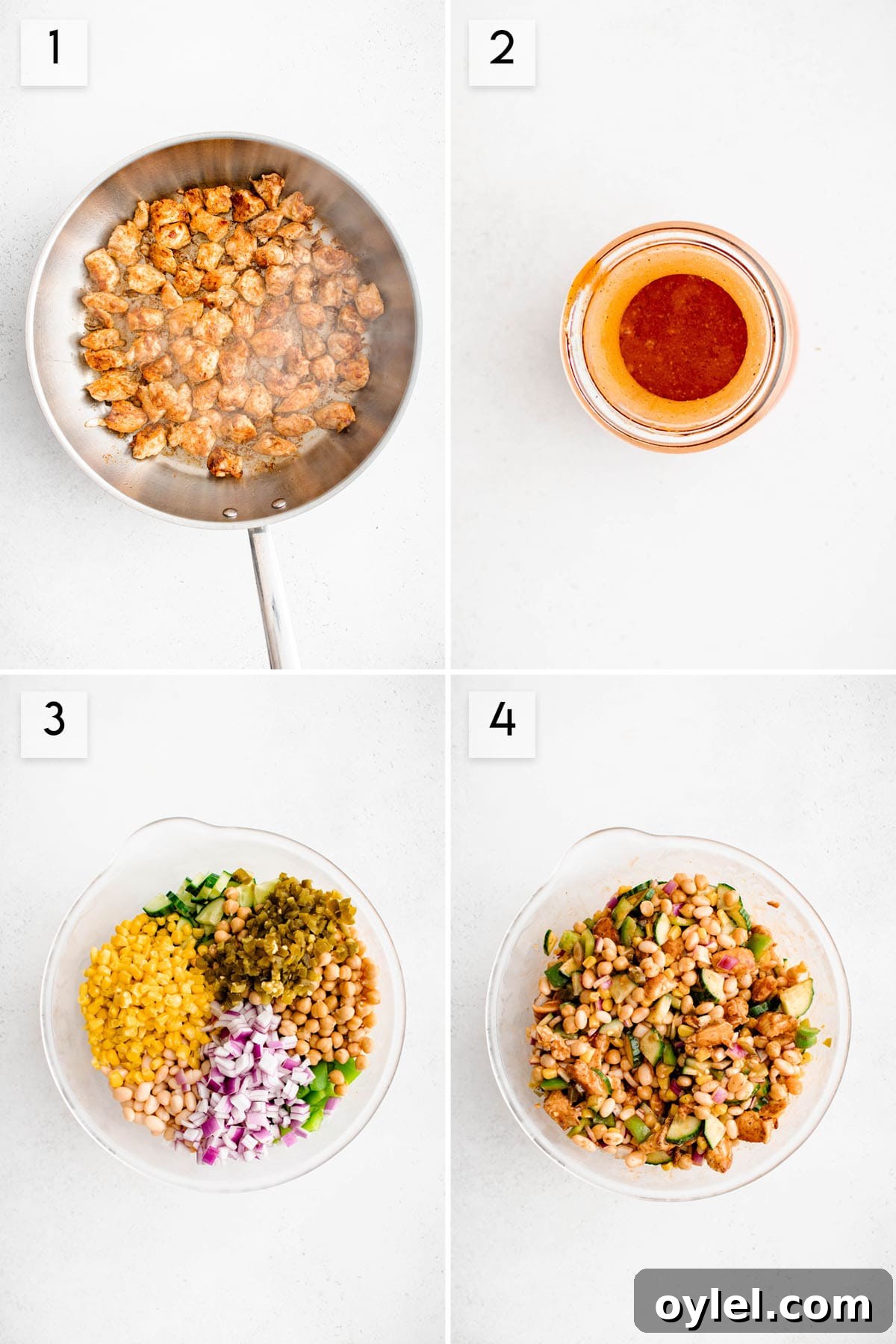four panel collage image showing the process of making buffalo chicken bean salad. the first image shows cubed chicken being cooked in a skillet. the second image shows the buffalo dressing ingredients stirred together. the third image shows the buffalo chicken bean salad ingredients in a bowl. the fourth image shows the chicken buffalo dressing, and salad ingredients all tossed together in a large bowl. 