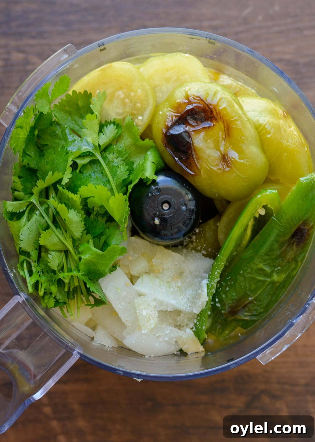 Authentic Roasted Tomatillo Salsa Recipe 7 roasted tomatillos, jalapeno, onion, and herbs in a blender