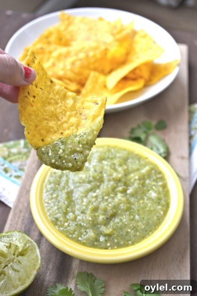 Authentic Roasted Tomatillo Salsa Recipe 9 A chip laden with roasted tomatillo salsa, being held over a dish of salsa.