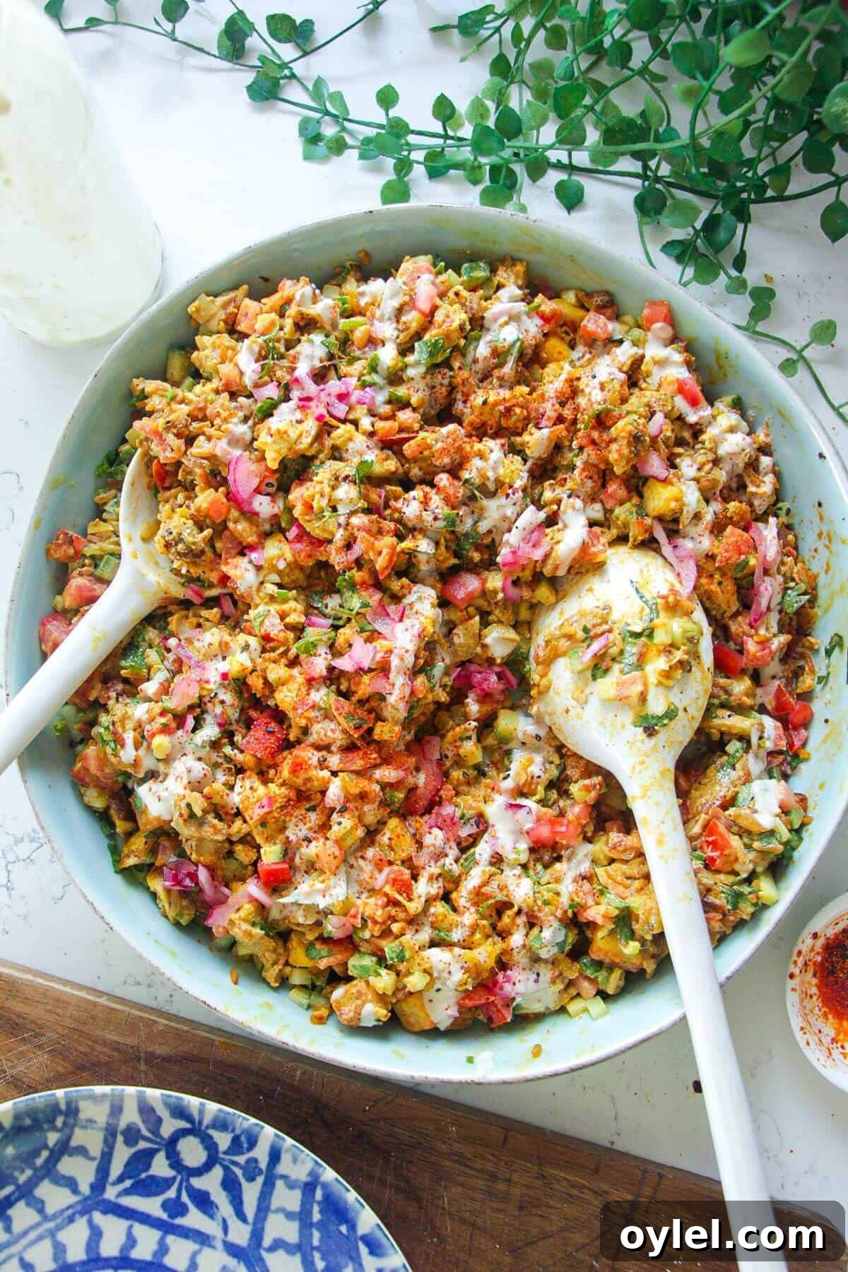 Chicken Shawarma Salad with Crispy Rice 2 Chicken shawarma crispy rice salad in a serving bowl.