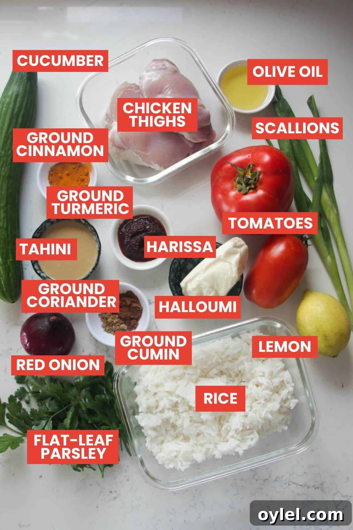 Chicken Shawarma Salad with Crispy Rice 4 Ingredients for chicken shawarma crispy rice salad laid out and labelled.