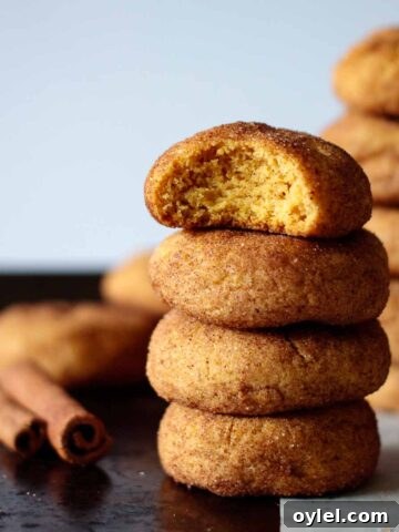 towers of pumpkin snickerdoodles, with two cinnamon sticks on top of a baking sheet