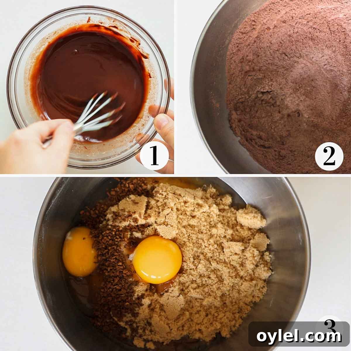How to make the dough of crinkle cookies: melted butter with chocolate, a bowl with flour and cocoa, a bowl with eggs, sugar and espresso powder.