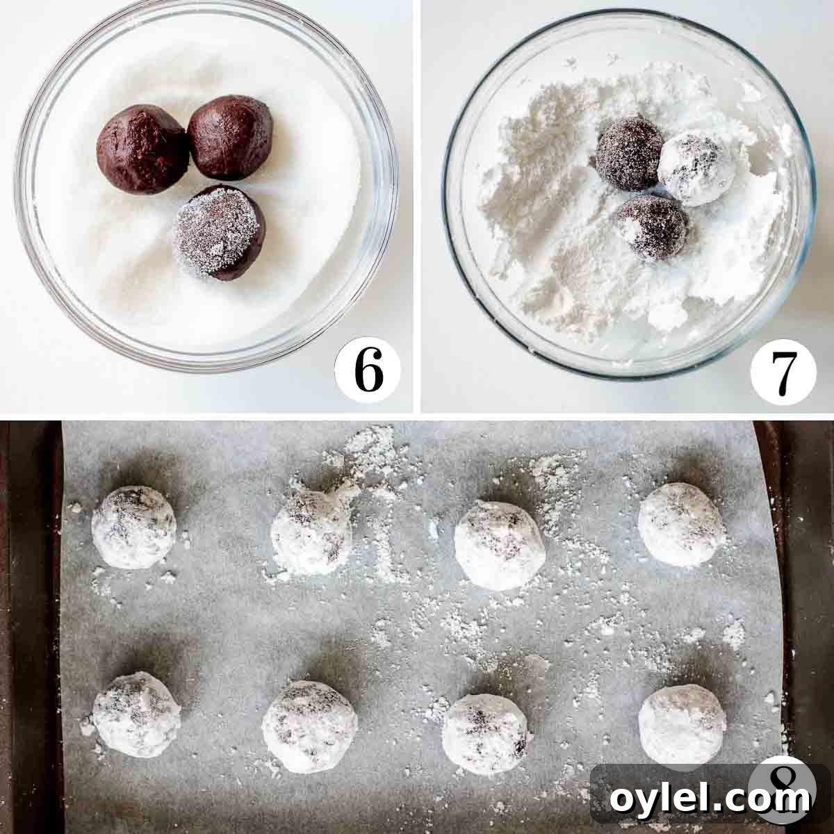 Cookie dough balls coated in sugar, in icing sugar, and placed into a lined baking sheet.