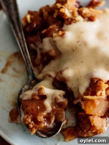 apple crisp with eggnog sauce in a plate with spoon