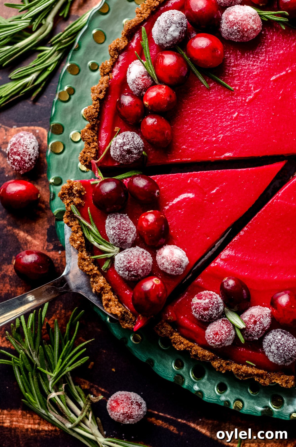 Silky Cranberry Curd Tart Recipe with Buttery Crust 10 A cranberry tart with a single slice cut out.