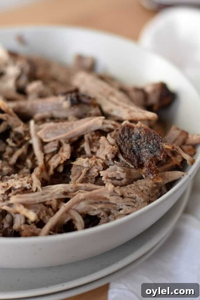 Tender air fryer pulled pork in a bowl, ready for serving.