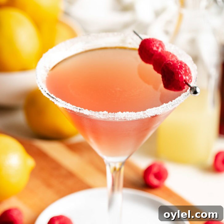 Raspberry lemon drop martini in a sugar-rimmed martini glass.
