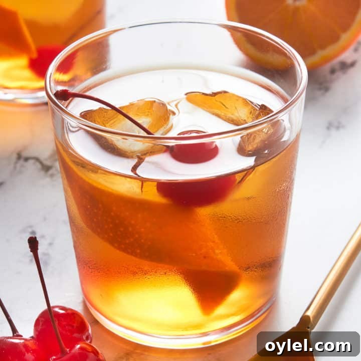 Close up view of a whiskey cocktail.