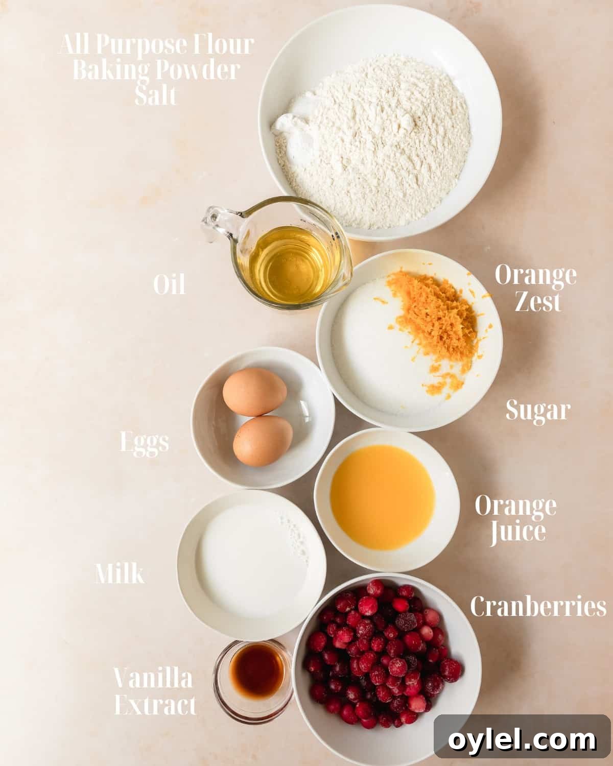 Cranberry Orange Muffins with Citrus Glaze 3 Dry Ingredients: Gather all purpose flour, baking powder and salt. Wet Ingredients: Gather granulated sugar, orange zest, neutral baking oil, eggs, freshly squeezed orange juice, vanilla and cranberries.
