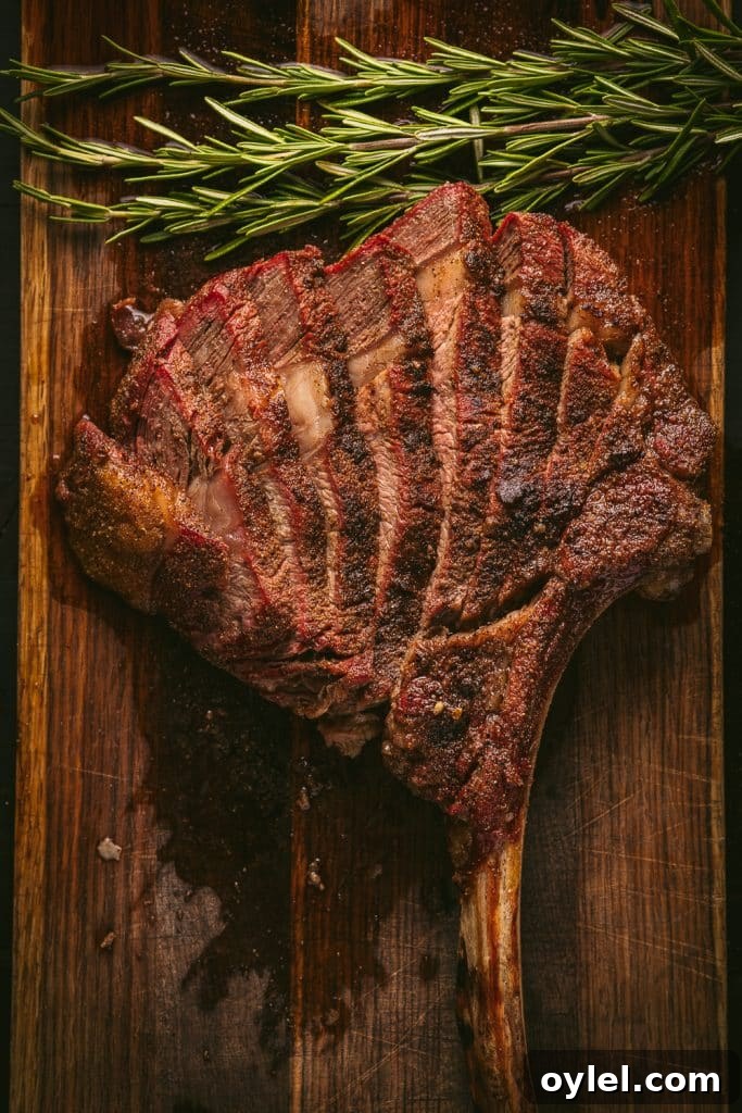 How to Reverse-Sear a Tomahawk Steak for Maximum Flavor 6 Sliced tomahawk steak on a wooden cutting board.