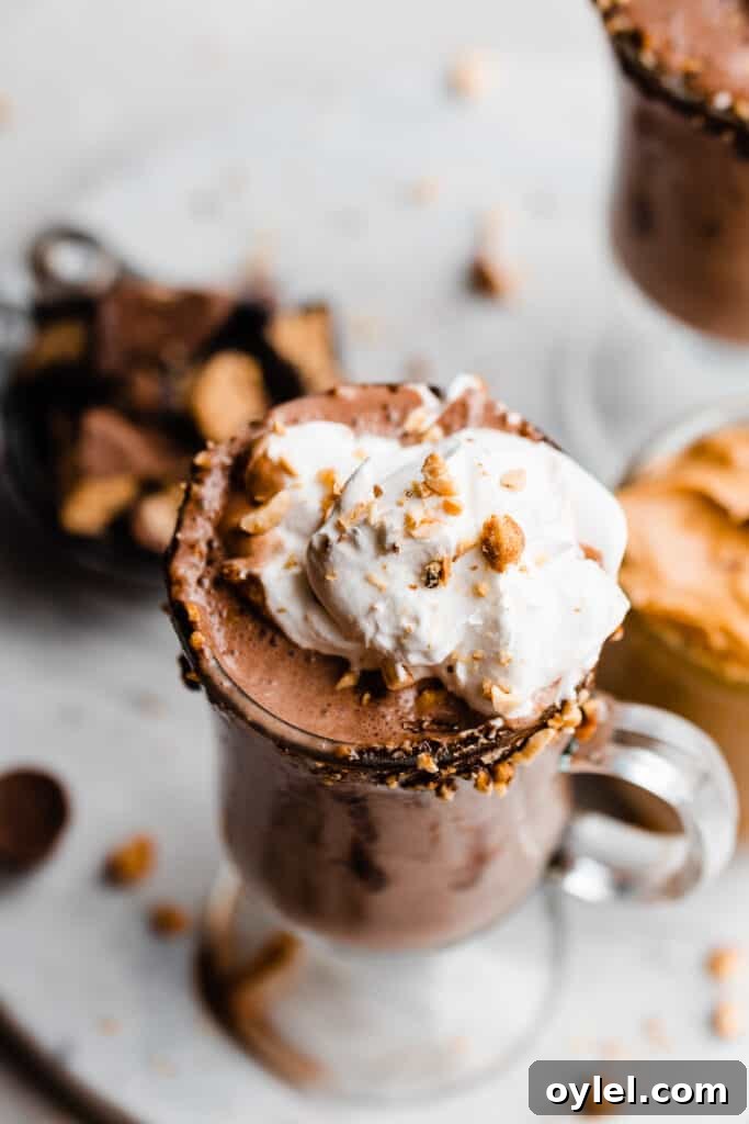 Creamy Homemade Peanut Butter Chocolate Milkshake 5 A bird's eye view of the milkshake.