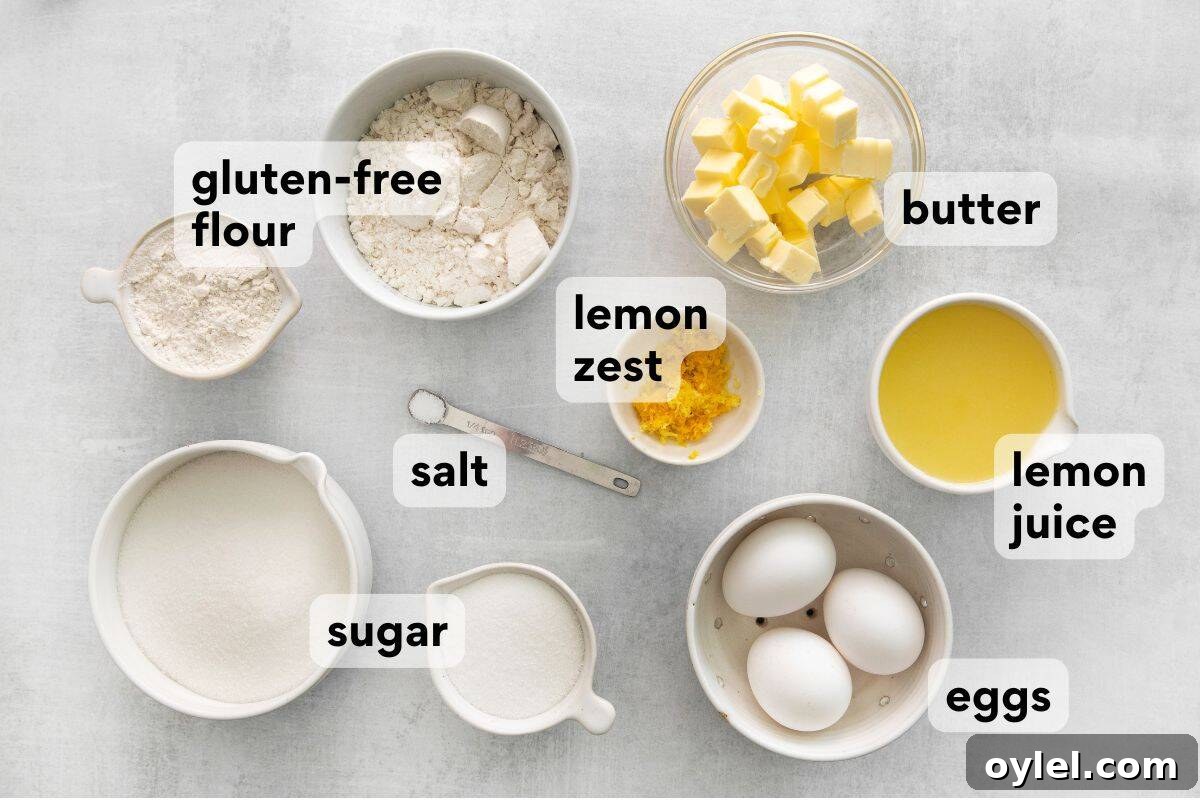 Zesty Gluten-Free Lemon Bars Recipe 4 lemon bar ingredients measured and labeled.
