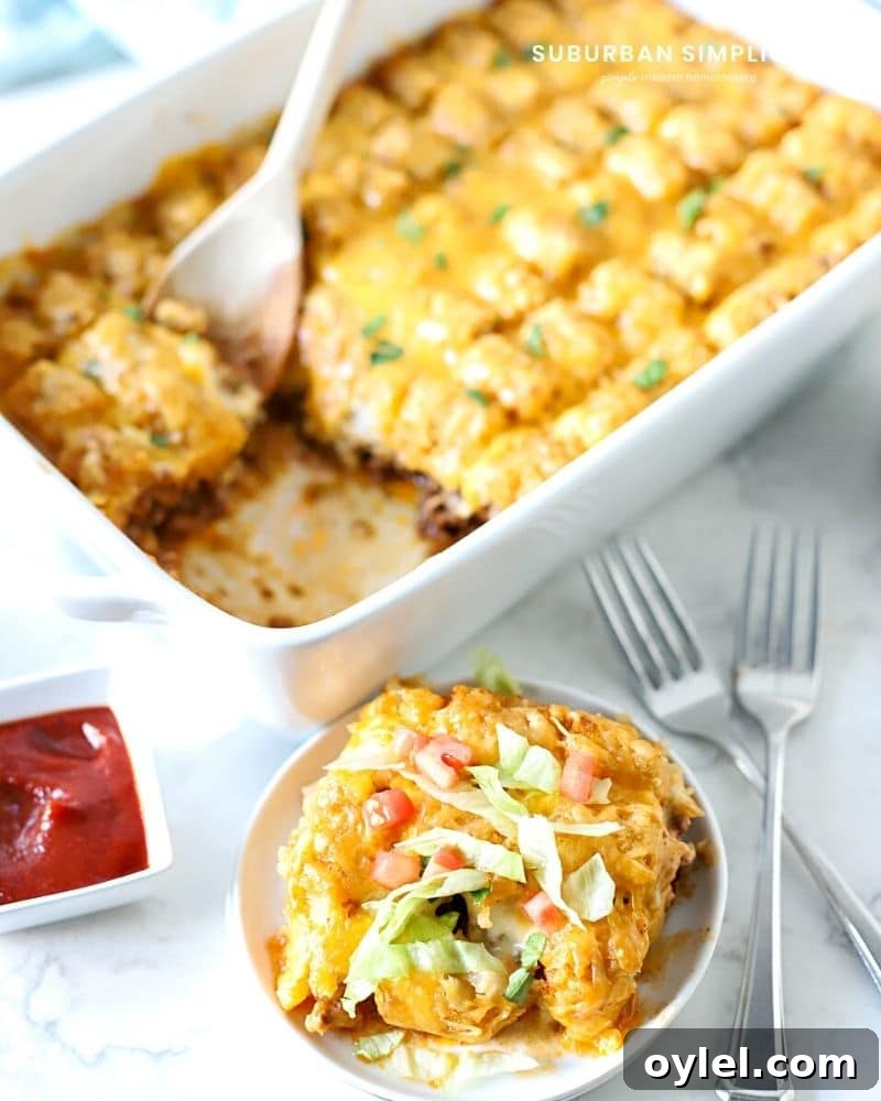 Weeknight Cheeseburger Tater Tot Casserole 8 cheeseburger casserole in a baking dish
